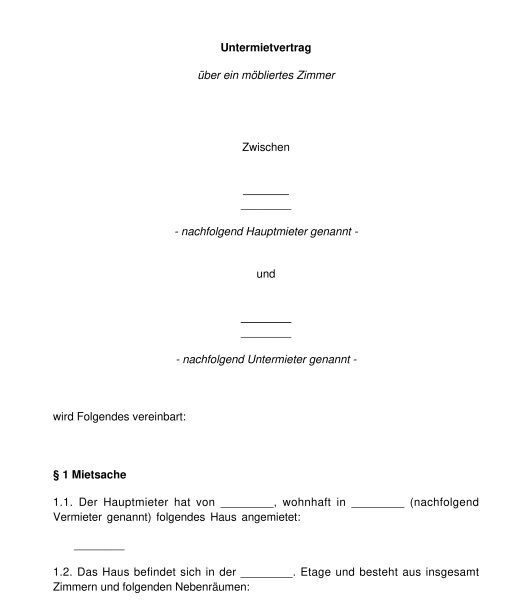 Untermietvertrag WG-Zimmer - Muster, Vorlage Word PDF