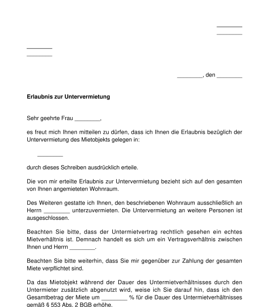 Untervermietungserlaubnis Muster Vorlage Word Pdf