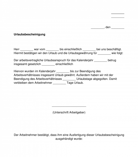 Urlaubsbescheinigung - Muster, Vorlage - Word und PDF
