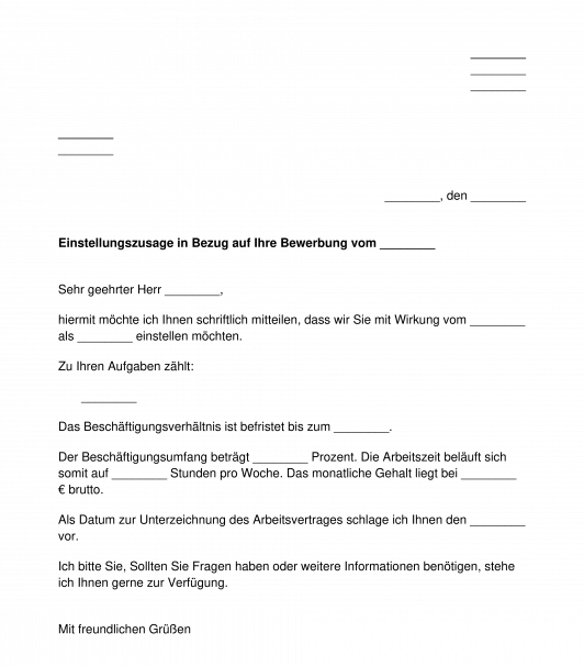 Verbindliche Einstellungszusage Muster Word Und Pdf