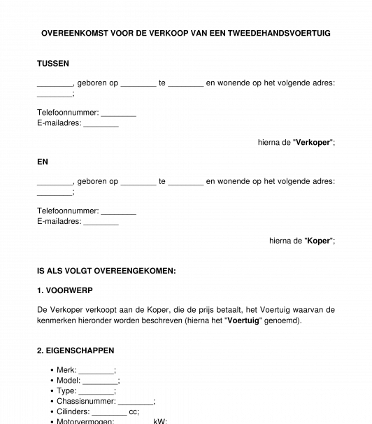 Verkoopovereenkomst tweedehandsvoertuig