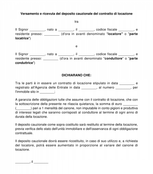 Versamento deposito cauzionale contratto di locazione