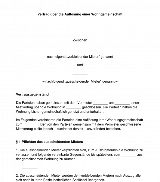 Vertrag über die Auflösung einer Wohngemeinschaft