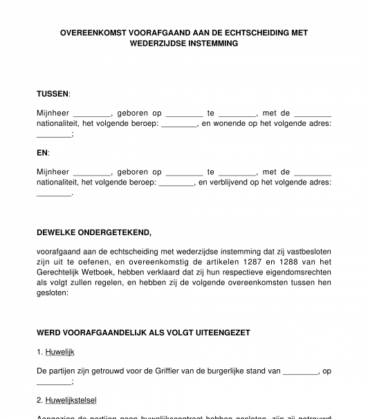 Voorafgaande scheidingsovereenkomst met wederzijdse instemming