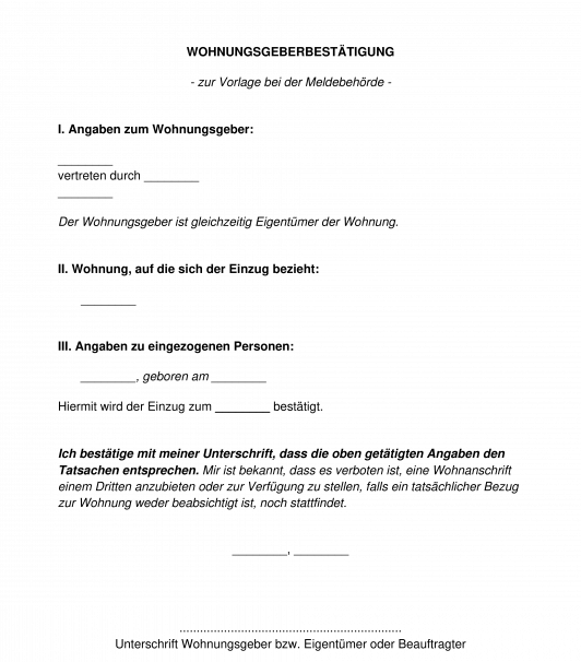 Wohnungsgeberbestätigung/Vermieterbescheinigung