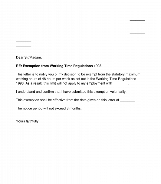 Working Time Regulations Exemption Letter