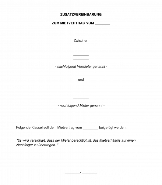 Zusatz zum Mietvertrag um Mietpartei/WG-Mitbewohner zu ändern oder hinzuzufügen