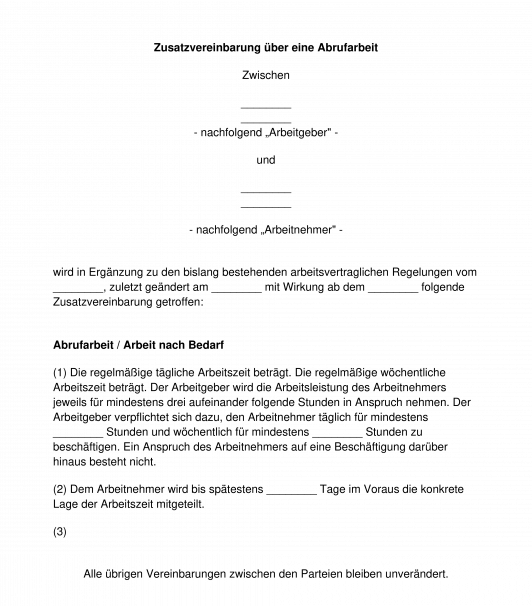 Zusatzvereinbarung über eine Abrufarbeit - Arbeitsrecht
