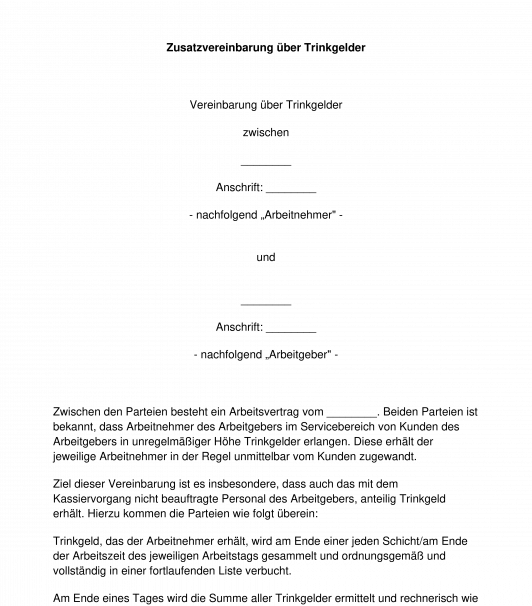 Zusatzvereinbarung über Trinkgelder - Arbeitsrecht