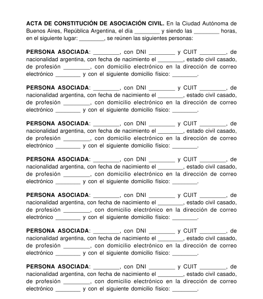 Acta Constitutiva de Asociación Civil Modelo, Formato