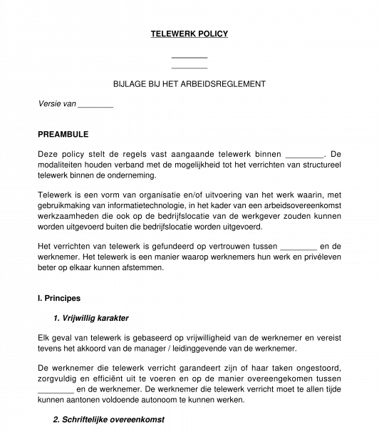 Telewerk policy  model, online voorbeeld  Word en PDF