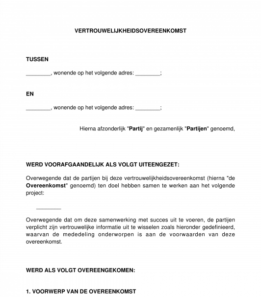 Vertrouwelijkheidsovereenkomst (NDA)  model, voorbeeld