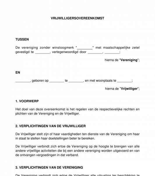 Vrijwilligersovereenkomst  model, voorbeeld