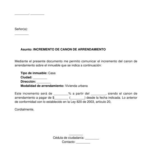 Carta de Aumento de Arrendamiento Modelo, Ejemplo