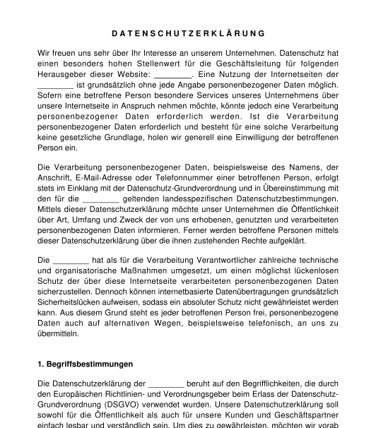 Datenschutzerklärung - Muster, Vorlage - Word und PDF