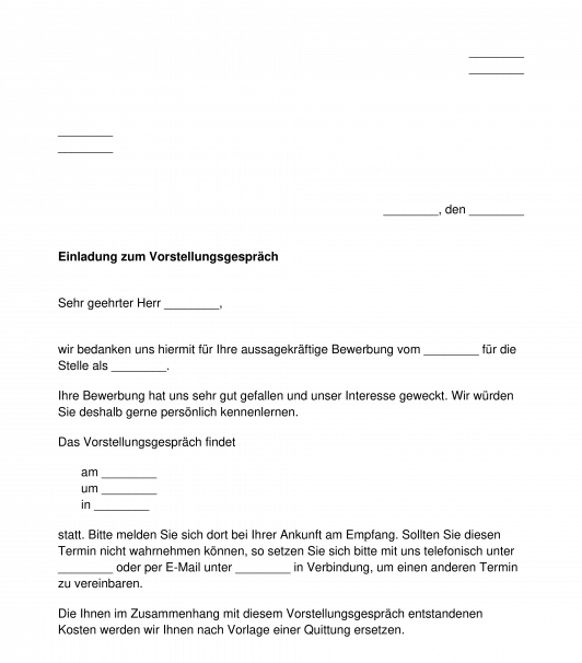 Einladungsschreiben zum Vorstellungsgespräch Muster