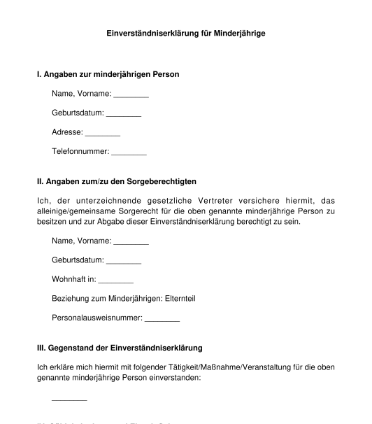 Einverständniserklärung - Minderjährige - Muster