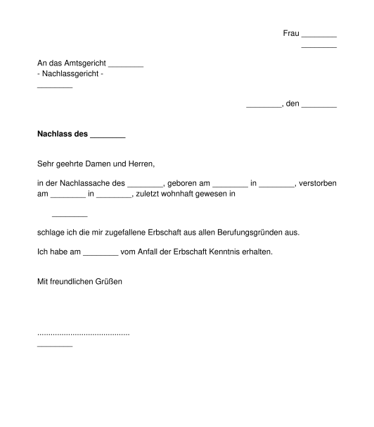 Erbausschlagung Muster, Vorlage online Word und PDF