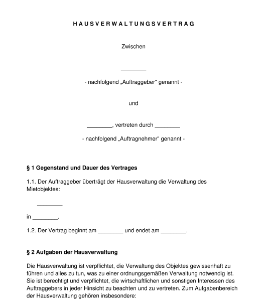Hausverwaltungsvertrag Muster, Vorlage Word und PDF