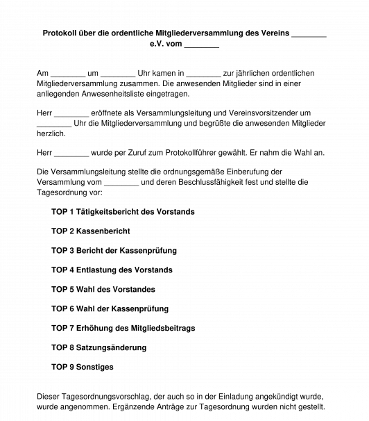 Protokoll einer Mitgliederversammlung eines Vereins Protokoll einer Mitgliederversammlung eines Vereins