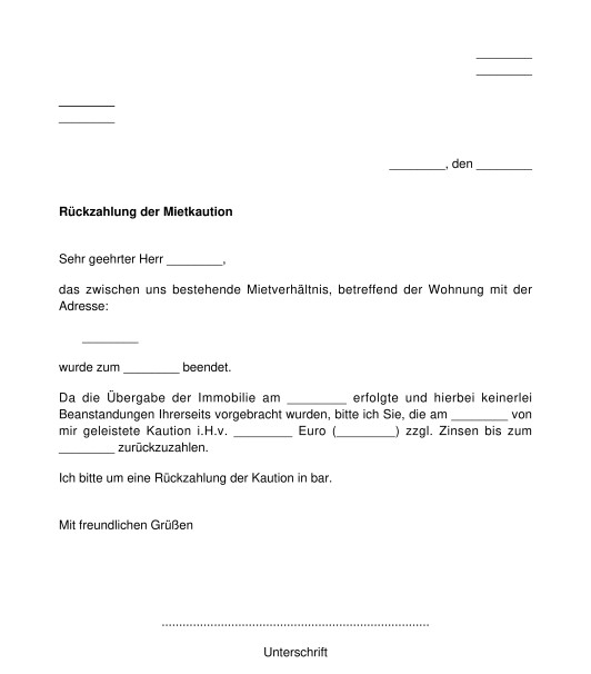 Rückforderung der Mietkaution Muster Word und PDF