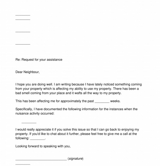 Letter to Neighbour about Nuisance Sample, Template