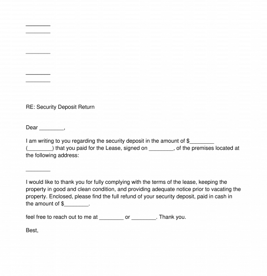 Security Deposit Return Letter Sample Template