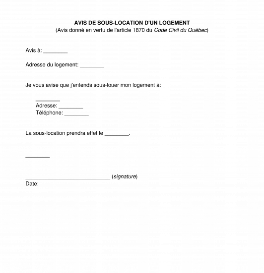 Avis de SousLocation Modèle, Exemple Word et PDF