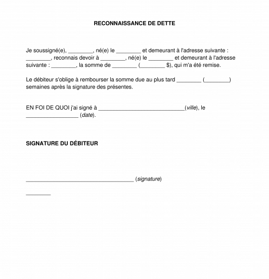 Reconnaissance de Dette Modèle, Exemple Word et PDF