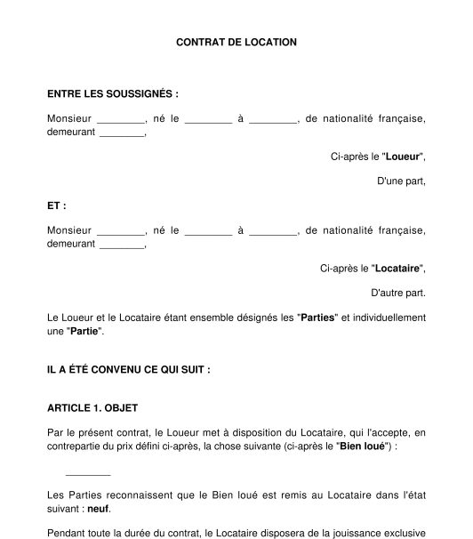 Contrat de Location Entre Particuliers Modèle