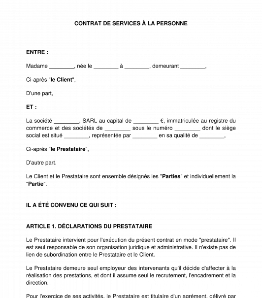 Contrat de Services à la Personne - Modèle Word et PDF