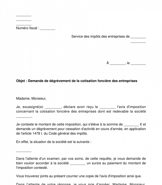 Demande de Dégrèvement de la Cotisation Foncière des Entreprises