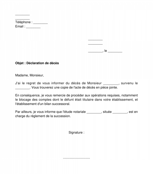Lettre de Notification de Décès à la Banque Modèle