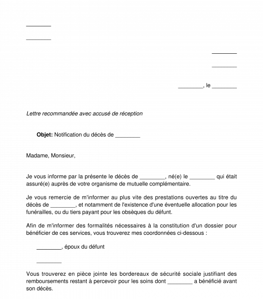 Lettre de Notification de Décès à la Mutuelle Complémentaire du Défunt