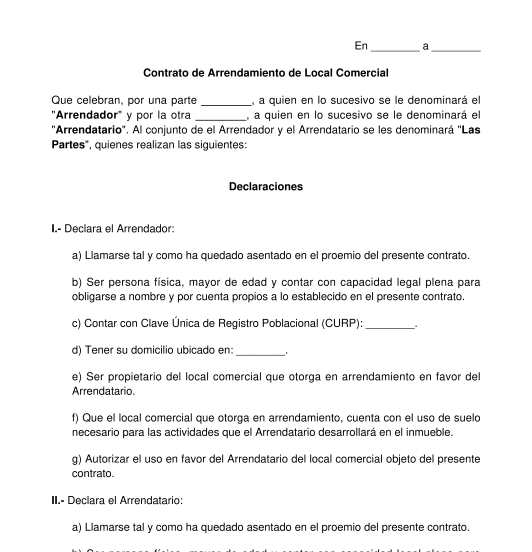 Contrato de Arrendamiento de Local Comercial Modelo