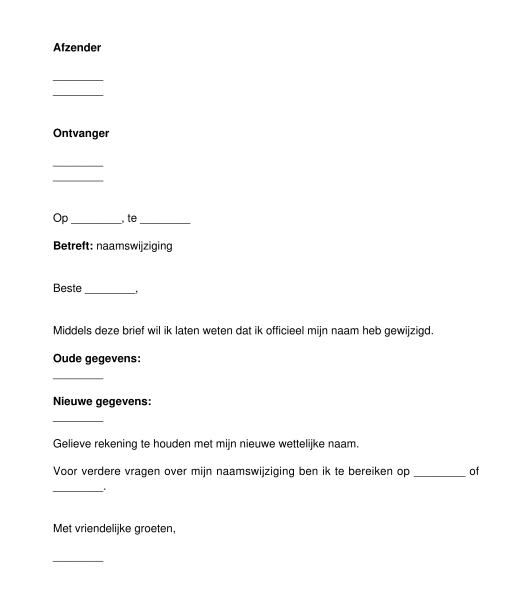 Brief naamswijziging - model, voorbeeld - Word en PDF