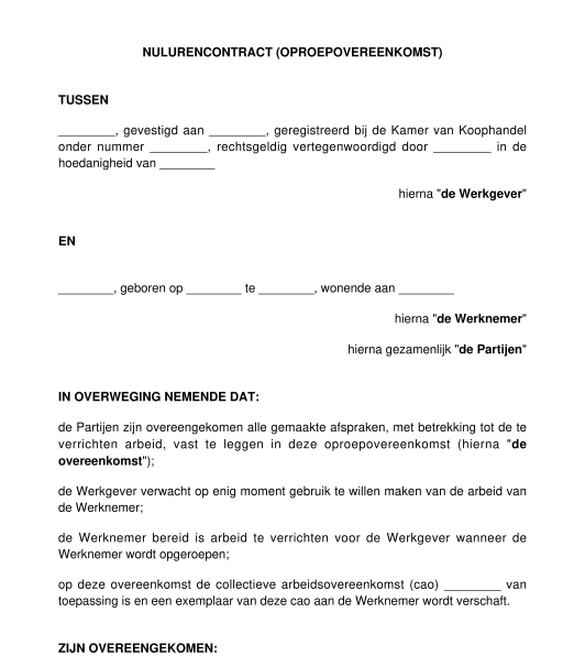 Nulurencontract (oproepovereenkomst) model, voorbeeld