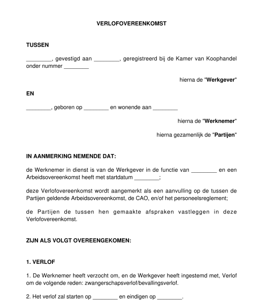 Verlofovereenkomst - model, voorbeeld - Word en PDF