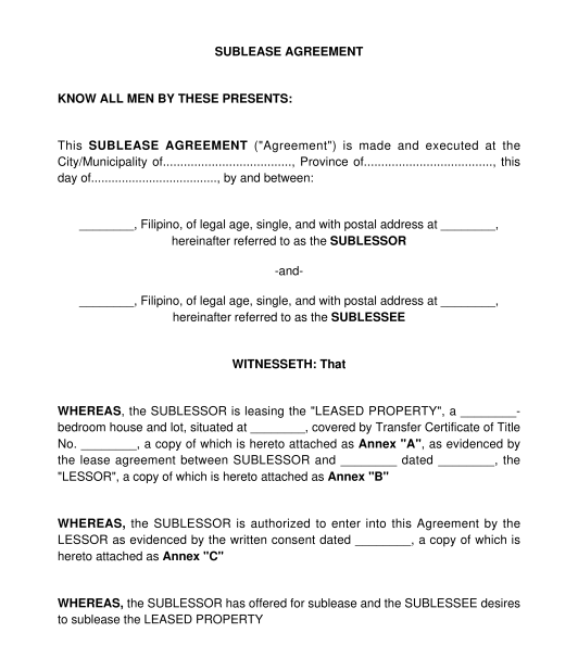 Residential Sublease Agreement Sample Template