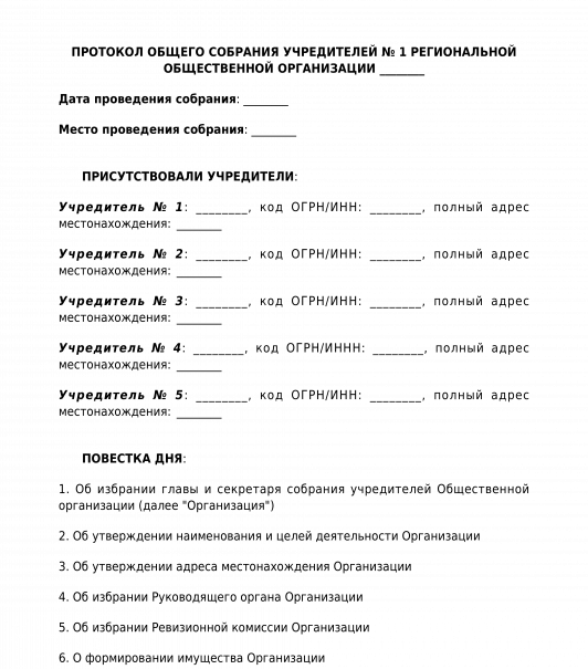 Протокол собрания учредителей о создании общественной организации