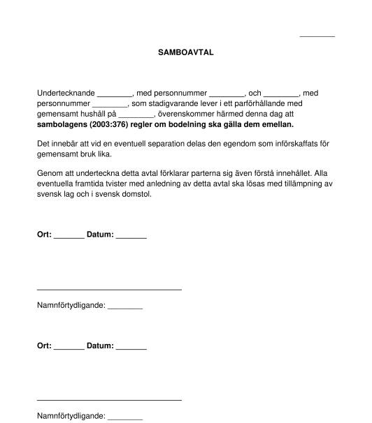 Samboavtal mall, exempel att fylla i Word och PDF