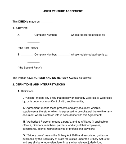 Joint Venture Agreement Template Word & PDF