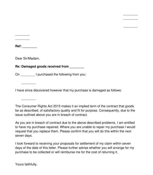 Letter to Claim a Refund, Replacement or Repair of Damaged Goods