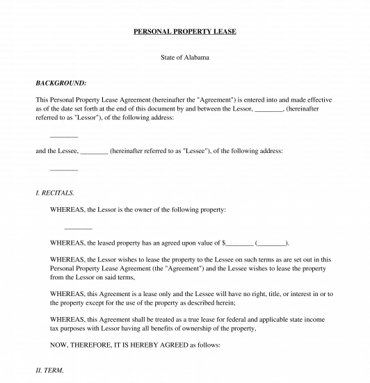 Personal Property Lease Agreement Sample, Template