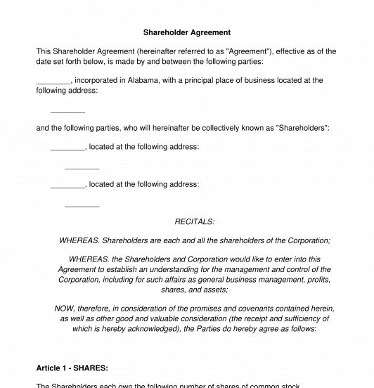 Shareholder Agreement FREE Template Word and PDF