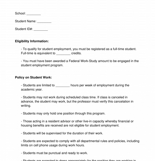 Student Employment Agreement Template Word and PDF